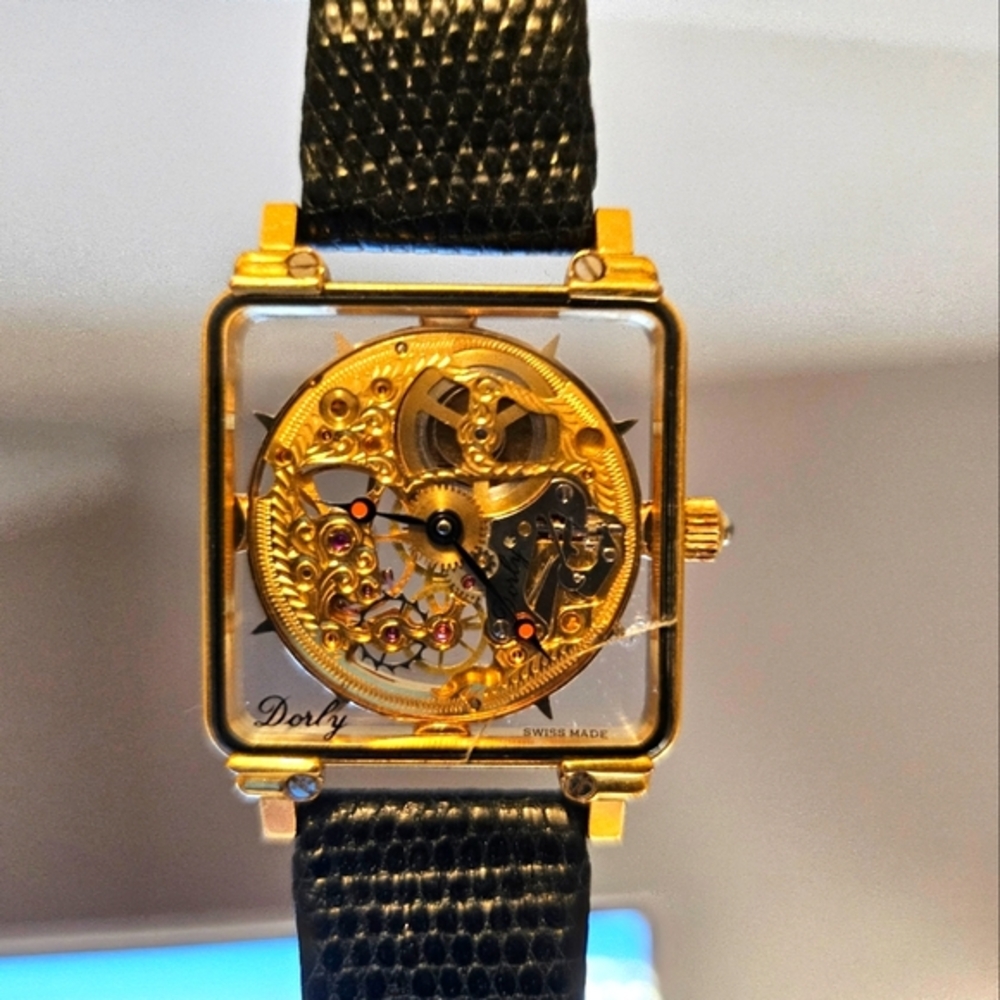 Very Rare TENOR DORLY Gold and Black Skeleton Watch with Transparent Face